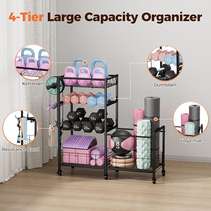 4-Tier Weight Rack Storage for Home Gym, Adjustable Dumbbell Stand Organizer with Wheels, Holds Dumbbells, Kettlebells, Yoga Mats, Fitness Equipment & Workout Accessories