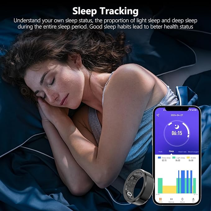 Fitness Tracker Smart Ring,Step Counter,Heart Rate Blood Oxygen Sleep Tracker Health Ring, 5ATM Waterproof Long Battery Life Smart Rings Compatible with iOS & Android (Black, US 11)