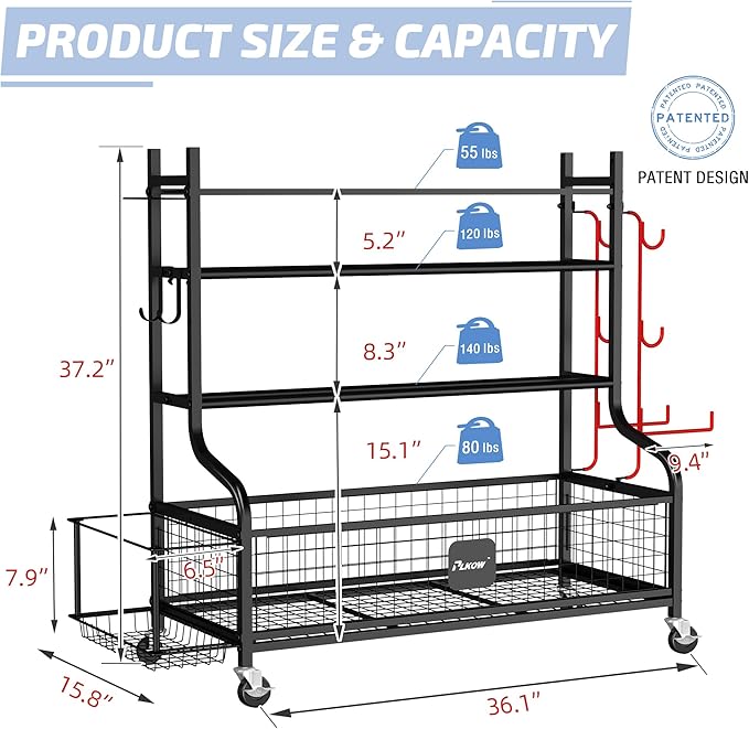 PLKOW Dumbbell Rack, Weight Rack for Dumbbells, Home Gym Storage for Dumbbells Kettlebells Yoga Mat and Balls, All in One Workout Storage with Wheels and Hooks, Powder Coated Finish Steel