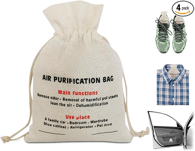 4 Pack charcoal odor absorber,Bamboo Charcoals Air Purifying Bag Charcoals Deodorizer Eliminator for Strong Odors in Car, Closet, Shoe, Basement (200G*4 Pack Beige, Unscented)