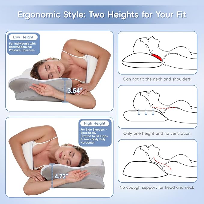 Cervical Neck Pillow, Memory Foam Pillows for Neck and Shoulder Pain Relief, 2 Heights Ergonomic Pillow with Breathable Ice Silk Cover, Neck Support Pillow for Side Back Stomach Sleepers, Odorless