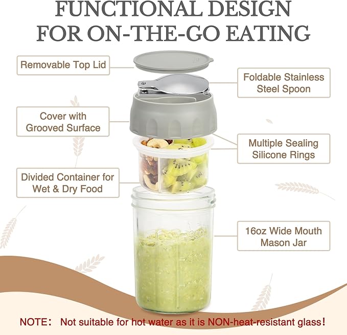 SOLIGT Overnight Oats Containers with Lids, Folding Spoons and Divided Compartment for Fruit & Nuts, Small Glass 16oz Mason Jars for Oatmeal Yogurt Parfait (2 Set-Smoke Gray/Oat White)