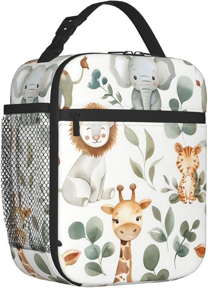 Jungle Animal Polyester Lunch Box for Kids Teen,Cute Reusable Thermal Lunch Bag for Adult Women,Cartoon Insulated Tote Cooler Bags for School,Work,Picnic,Travel,Safari Theme