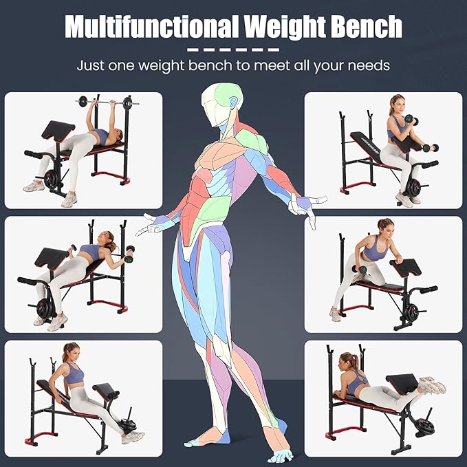 OPPSDECOR 661LBS Weight Bench Set, 8 in 1 Adjustable Bench Press with Squat Rack Leg Extension & Leg Curl Workout Bench with Safety Bar Catches Standard Weight Training Benches for Home Gym