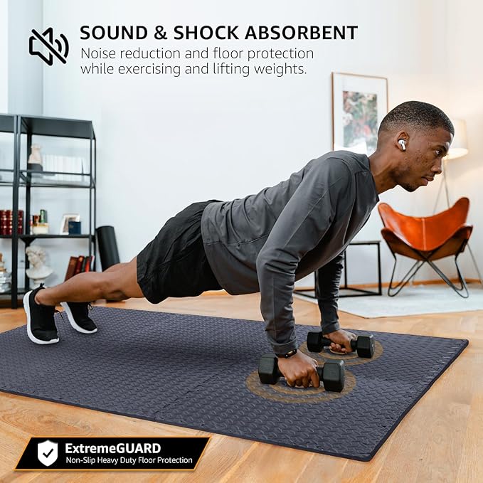 12 Pack, 48 SQFT - 24" x 24" - 1/2" Extra Thick Floor Exercise Mat for Home Gym or Floor Padding - High-Density EVA Interlocking Foam Floor Tiles for Gym Equipment, Play Area | Yoga, Cardio, Weights