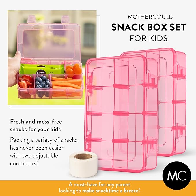 Snack Box Containers Set of 2-Reusable,100 Dissolvable Labels, 8 Adjustable Compartments, Dishwasher Safe, BPA-Free, Meal Prep Container, PARENT TESTED PARENT APPROVED AWARD (2 Pack) (Pink)