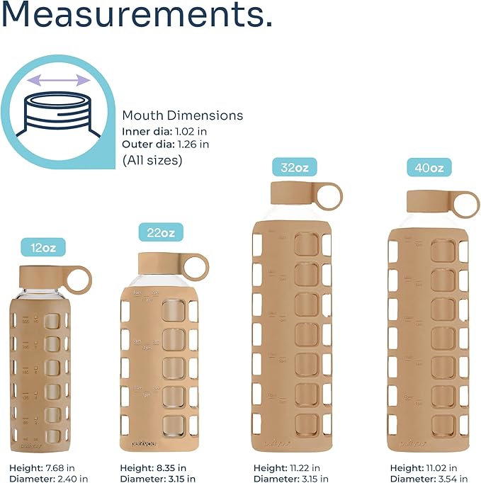 purifyou 40oz / 32oz / 22oz / 12oz Borosilicate Glass Water Bottle with Time & Volume Markers, Silicone Sleeve, Stainless Steel Lid | Reusable Glass Bottle for Water & Juice (32oz Iced Coffee)