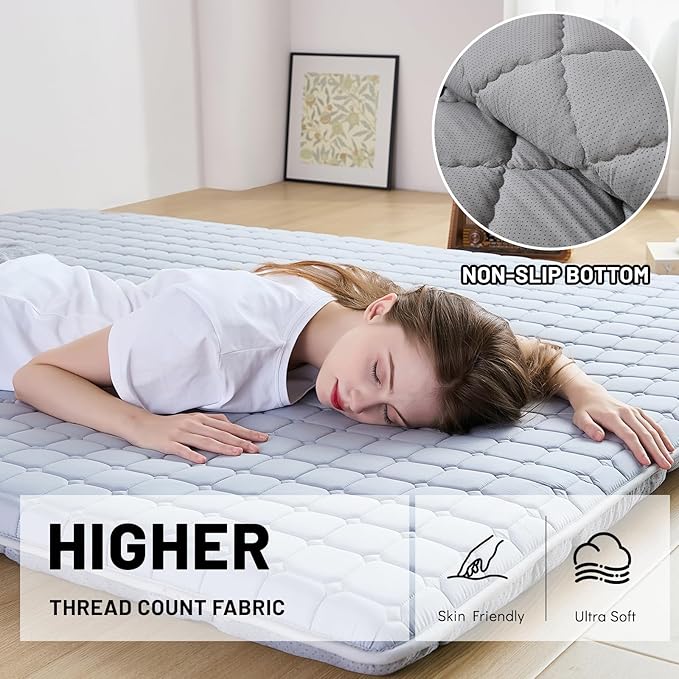 Japanese Floor Mattress Twin, Anti-Slip Japanese Futon Foldable Tatami Mat for Guests, Grey