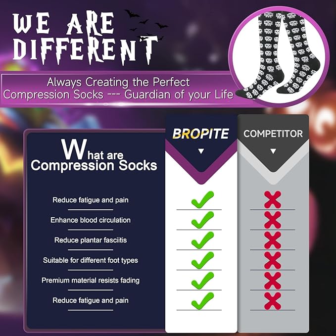 bropite Halloween Compression Socks for Women & Men-Pumpkin Ghost 6 Pairs 20-30mmhg Support Running Nurse Travel