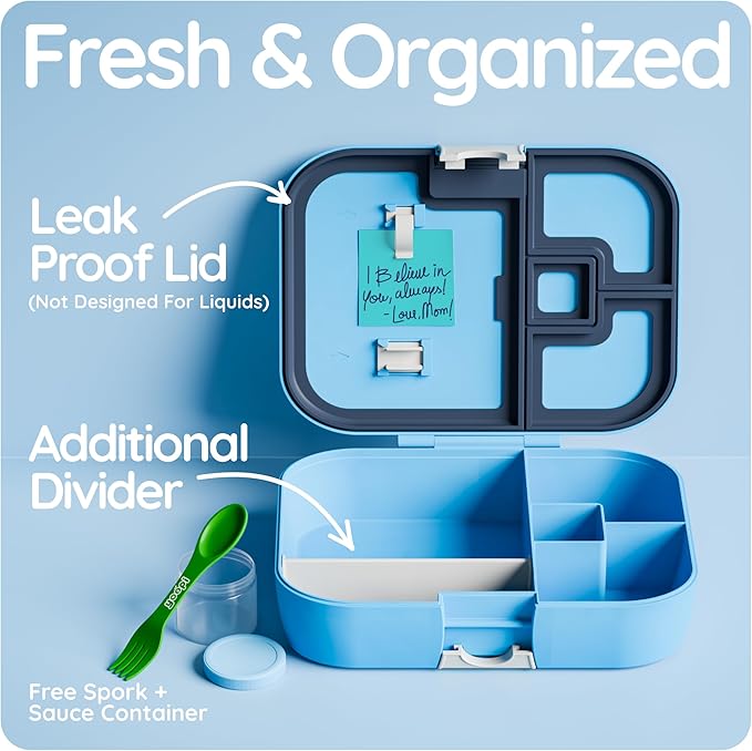 YOOPI Bento Box for Kids, Leak-Proof, BPA-Free School Bento Lunch Box Containers with Compartments. Online Healthy Meal Planning, Durable, Easy-Clean, Eco-Friendly Lunchbox for Boys (Sky Blue)