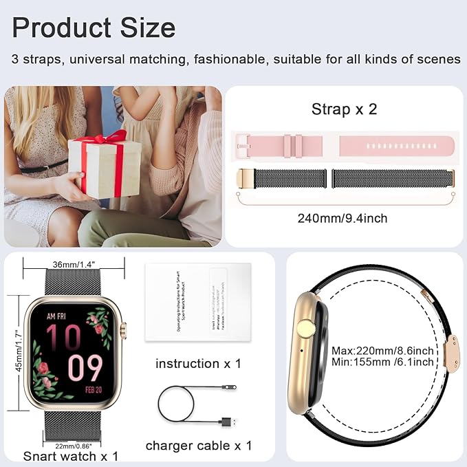 GADIXY Smart Watches for Men Women(Answer/Make Calls),7 Day Battery Fitness Watch with SpO2/HR/Sleep/BP Monitor,120+ Sports Activity Trackers,IP68,120+Dials Watches for Women,2 Bands,BlackGold