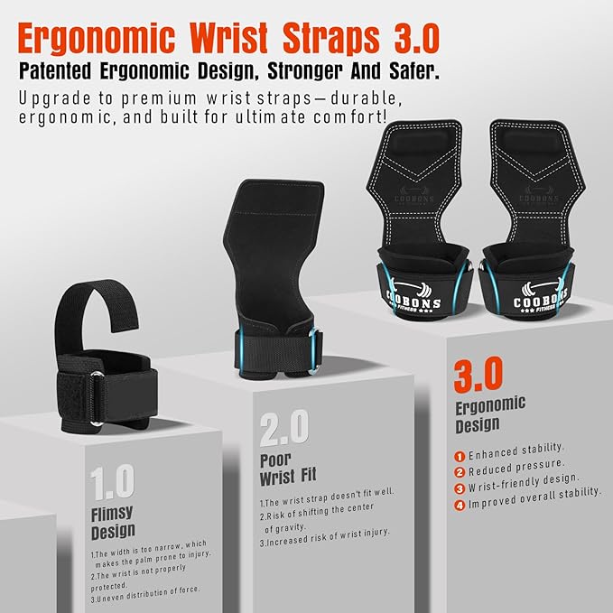 Lifting Wrist Straps for Weightlifting, Double Layer Leather for Weight Lifting Wrist Wraps, Deadlifts, Heavy Powerlifting and Adjustable Wrist Hooks for Strength Training, Gym Workouts Men/Women