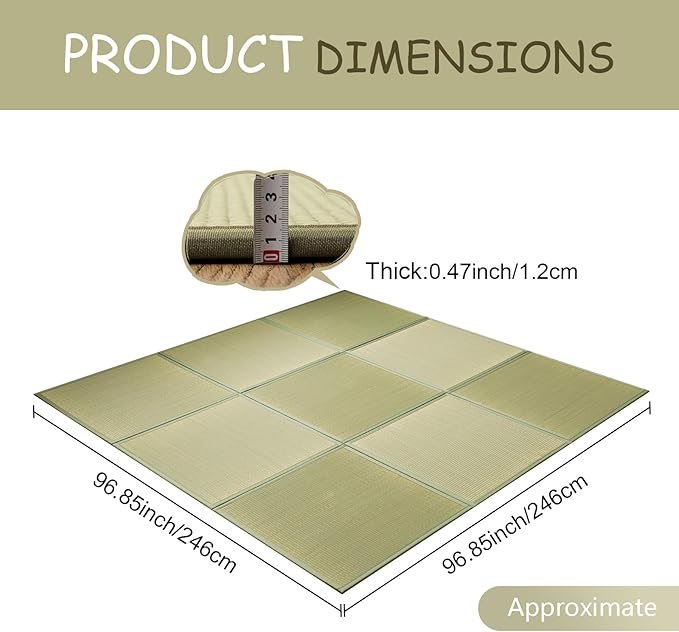 HAGiHARA Japanese Tatami Mat, Patchwork Tatami Floor Mats, 96" x 96" Foldable Square with Non-Slip Design for Bedroom, Crawling and Yoga, Made of Rush Grass, Igusa(with Edge/9 Picecs)