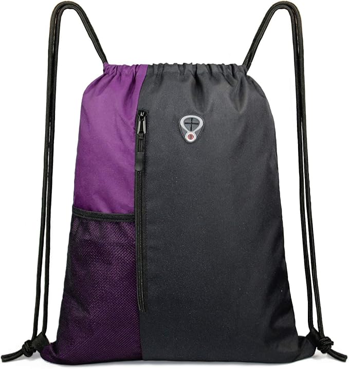 BeeGreen Purple Drawstring Backpack Sports Gym Bag for Women Men Large Cinch Sack workout Bag with Zipper and Water Bottle Mesh Pockets, 16 x 20 inch