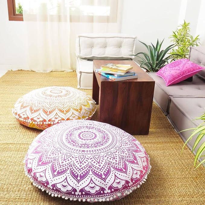 Eyes of India - 32" Purple Pink Round Colorful Floor Meditation Pillow Cover Cushion Seating Throw Mandala Hippie Bohemian Accent Beach Indian Boho Chic Dog Bed Handmade Cover ONLY