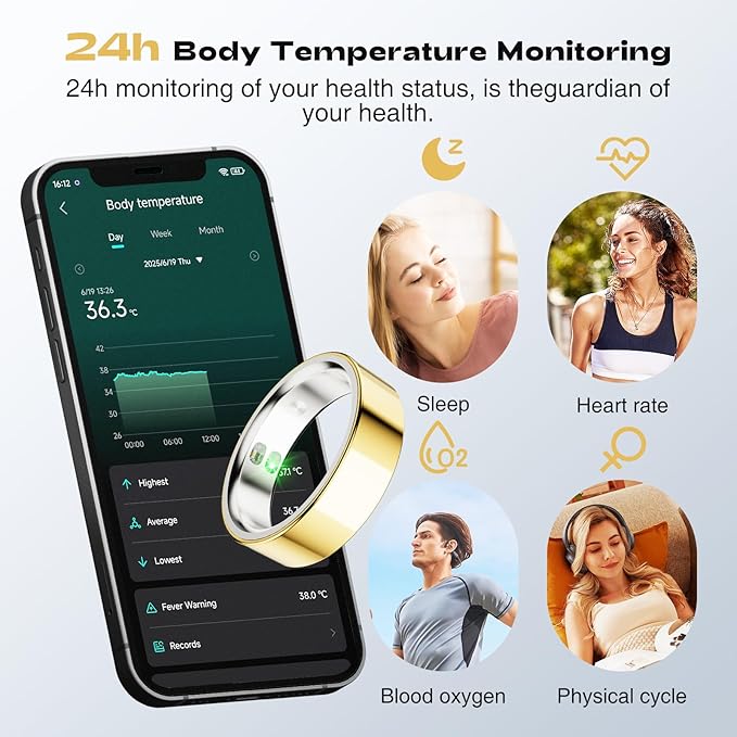Smart Ring for Men Women - 5ATM Waterproof Health Fitness Tracker with Body Temperature Measurement, Heart Rate, Blood Oxygen, Sleep Monitoring, Step Counting for iOS and Android, No Subscription Fee