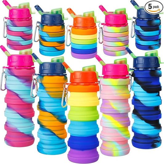 Chengu 5 Pack Collapsible Water Bottles 17 oz Bpa-free Silicone Portable Lightweight Foldable Water Bottle with Carabiner Leakproof Reusable for Travel Camping Hiking Cycling Sport Outdoor(Rainbow)