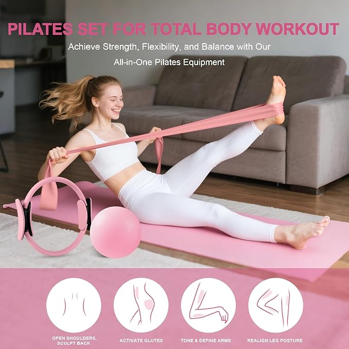 Home Pilates Essentials Kit for Women - Complete Set with 9" Yoga Ball, Figure 8 Resistance Band, Pilates Bands, Accessories, and Pilates Ring - Perfect for Beginners Home Workouts
