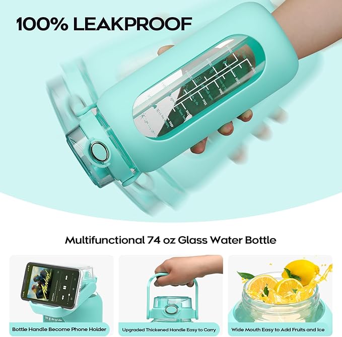 74 oz Glass Water Bolttles with Straw Large Motivational Water Bottle with Time Marker Sports Water Bottles with Silicone Sleeve and Handle Lid 2.2L Water Jug for Gym Workout