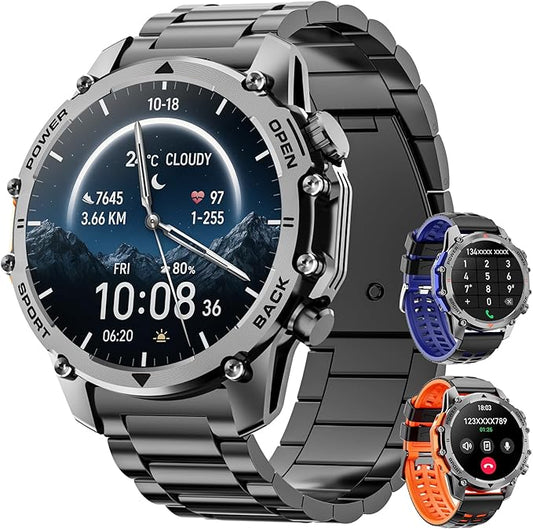 Hwagol Smart Watch Gifts for Dad(Calls/Answer),1.52'' Military Smart Watches for Men for Android iPhone,100+ Sport Modes/Heart Rate/Sleep Monitor Fitness Tracker,Two Accessories and Three Bands Kits