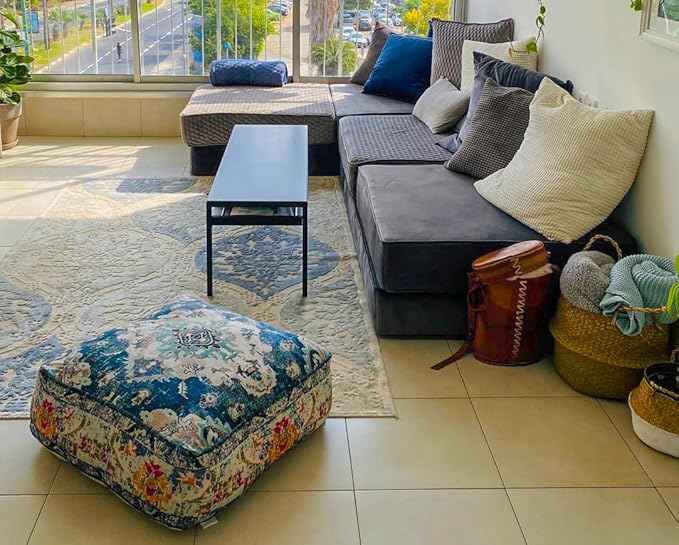 Blue Square Floor Pillow Cover Large Yoga Décor Cushion Moroccan Pouf Ottoman Boho Furniture Perfect for Living Room, Bedroom, Nursary or Children Room Seating Area Beanbag Footstool 24x8 Unstuffed