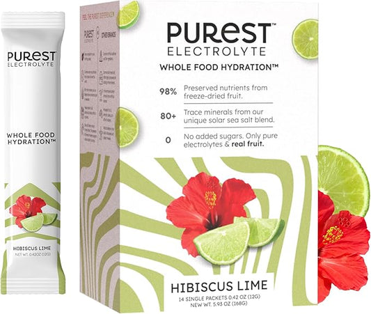 Purest Electrolyte Hibiscus Lime Powder Packets – Whole Food Hydration - Organic Freeze-Dried Fruits and Solar Sea Salts for Ultimate Electrolyte Balance
