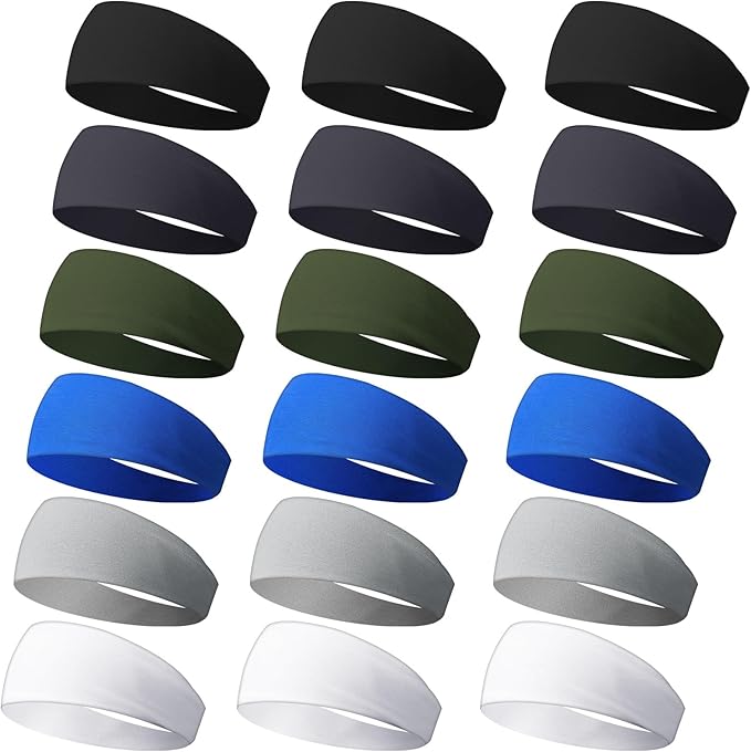 18 Pcs Sports Sweatbands for Men Women Camo Headbands Workout Non Slip Headbands Breathable Head Band Fitness Stretchy Unisex Hairband for Yoga Running Cycling Ball