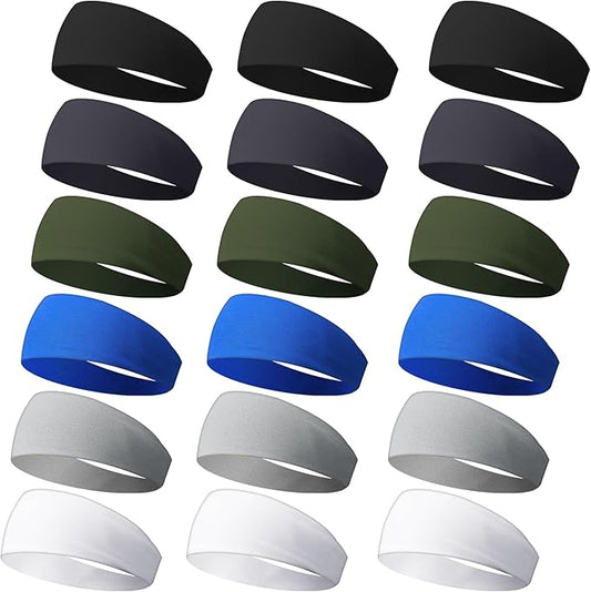 18 Pcs Sports Sweatbands for Men Women Camo Headbands Workout Non Slip Headbands Breathable Head Band Fitness Stretchy Unisex Hairband for Yoga Running Cycling Ball