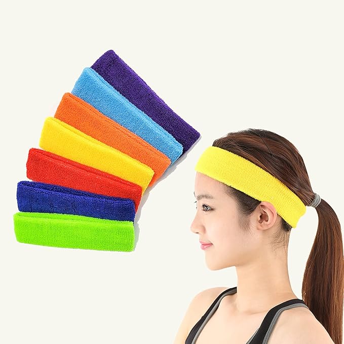 Cotton Sports Headbands - 7 Colorful Sweatbands for Men & Women, Non-Slip Headbands for Running, Fitness & Gym