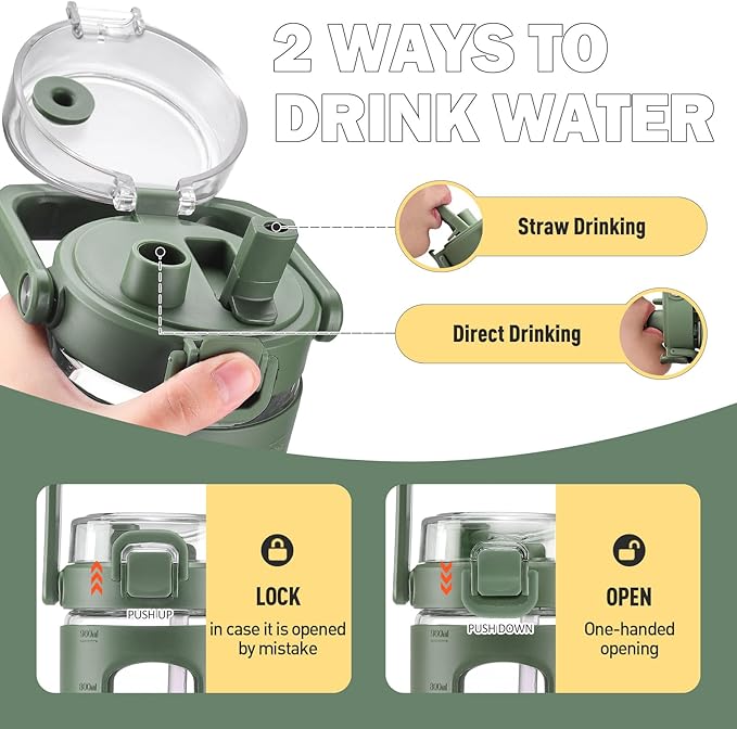 BLUEGO 32oz Glass Tumbler with Lid and Handle, Iced Coffee Cup with Straws, Glass Water Bottle with Silicone Sleeve and Volume, Marker Glass Cup with Time Marking, BPA Free, Olive