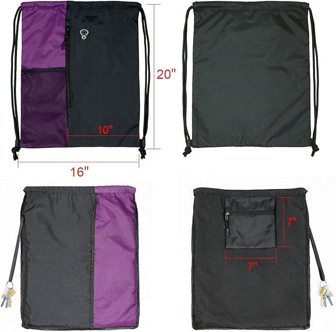BeeGreen Purple Drawstring Backpack Sports Gym Bag for Women Men Large Cinch Sack workout Bag with Zipper and Water Bottle Mesh Pockets, 16 x 20 inch