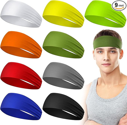 9 pcs Sweatbands for Men Workout Sport Headbands for Men Camo Headband Sweat Absorbing Headband Wide Sweatband for Head Basketball Football Cycling Running Yoga, 4.7 x 9.8 Inch