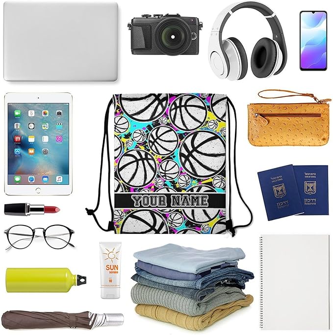 Custom Basketball Drawstring Backpack - Cool Cinch Sack, String Backpacks for Kids Women Men Boys Girls for Gym Outdoor Sports Travel Athletic Drawstring Bag - Lightweight/Foldable