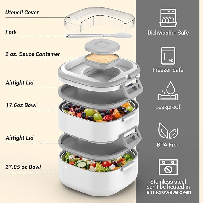 Double-Layer Bento Lunch Box for Kids & Adults with Removable Stainless Steel Dividers,Dressing Container,BPA-Free,Dishwasher Safe - Includes Utensil,(White,Non-Insulated)