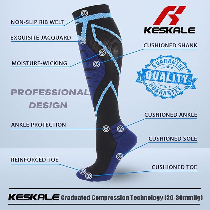 Compression Socks for Men & Women 20-30 mmHg Knee High -Best Support for Medical, Athletic, Sports, Travel (1/2Pairs)