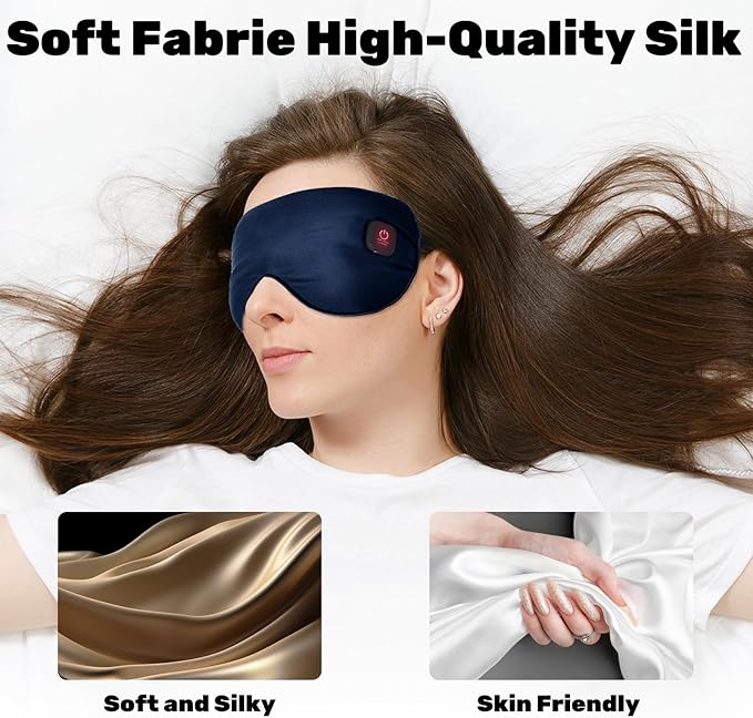 Silk Cordless Heated Eye Mask for Dry Eyes, Light Blocking Warm Eye Compress, Improved Sleep, with 3 Heat Settings, Washable Heating Pad for Migraine, Travel, Rechargeable, Men Women