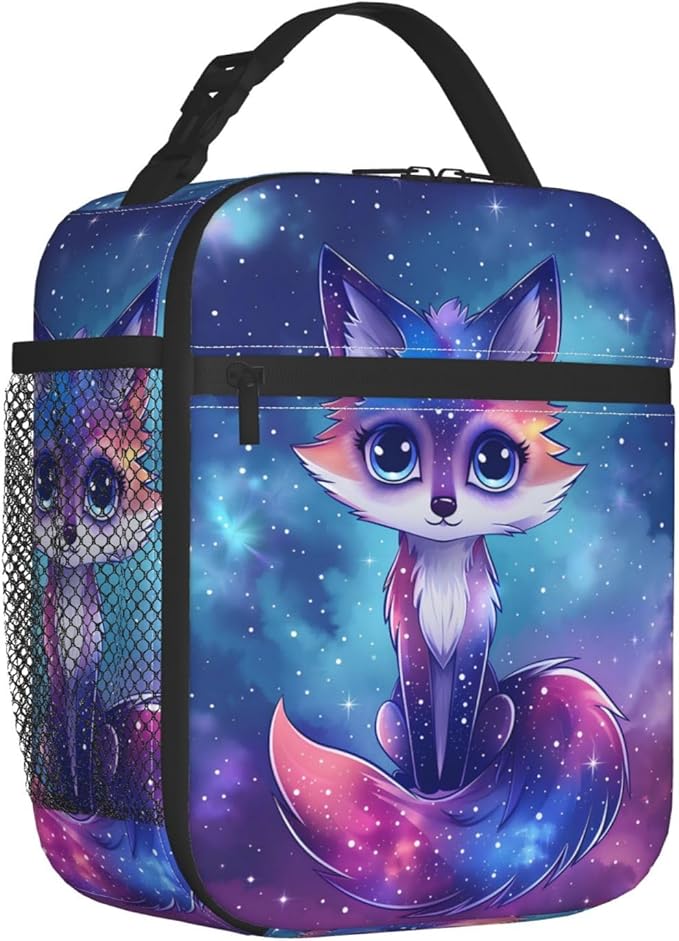 Cosmic Fox Polyester Lunch Box for Kids Teen,Galactic Reusable Thermal Lunch Bag for Adult Women,Animal Insulated Tote Cooler Bags for School,Work,Picnic,Travel,Starry Night Theme