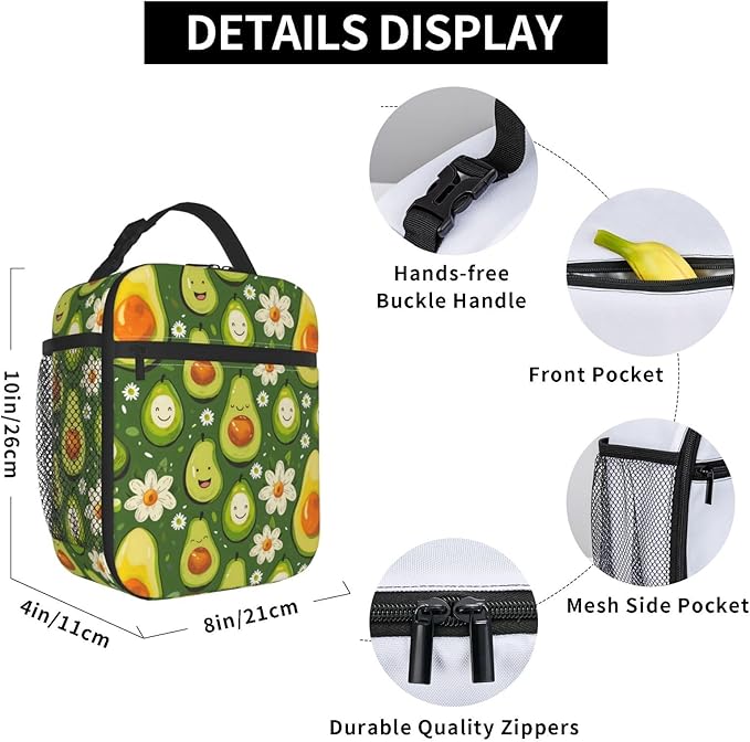 Insulated Lunch Box for Women Men, Avocado Theme Lunch Box Reusable Portable Lunch Bag Cooler Tote Waterproof Lunch Container for Office Picnic Work Travel