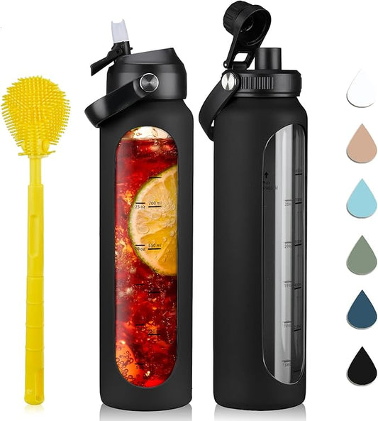 32 oz Glass Water Bottles with 2 Lids-Handle Spout Lid & Straw Lid 1 Liter Motivational Borosilicate Water Bottle with Silicone Sleeve and Time Marker,Leakproof