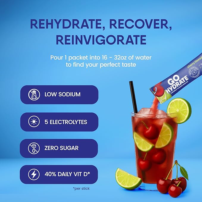 GoHydrate Instant Hydration Powder Packets - Low Sodium Electrolytes Drink Mix - Natural Hydration Support, Sugar Free Electrolyte Flavored Powder Drink with Vitamin D, 30 Packs, Cherry Limeade