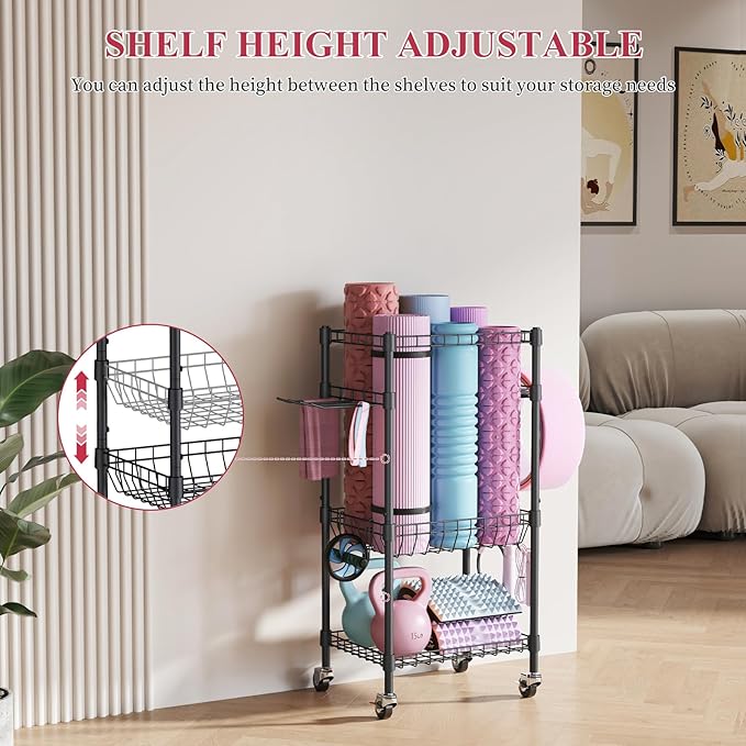 VOPEAK Home Gym Storage Rack with Wheels, Yoga Mat Storage Organizer for Kettlebells, Dumbbells, Resistance Bands, Space Saving Weight Rack for Home Gym, Garage, Easy to Install