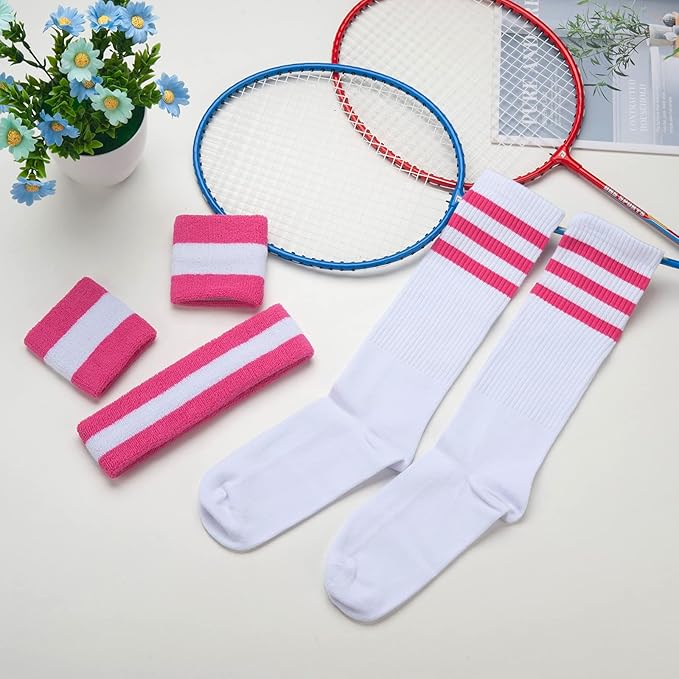 ONUPGO 5 Pieces Sweatbands Striped Socks Set Sports Headband Wristbands High Tube Socks 80s Accessories Costumes