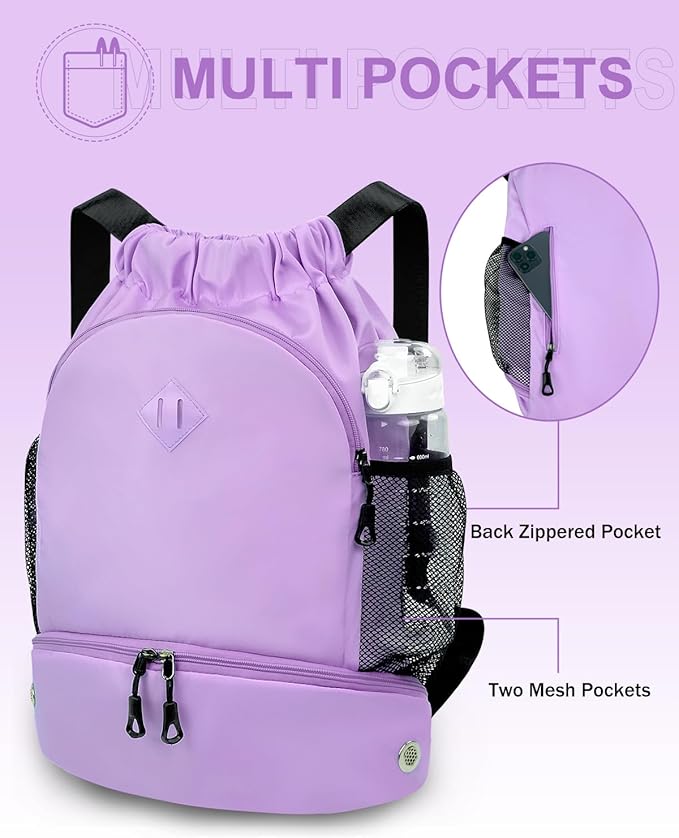 Drawstring Backpack Gym Backpack with Shoe Compartment for Men Women String Sports Bag with Wet Pocket Cinch Swim Beach Bag, Purple (Patent Pending)