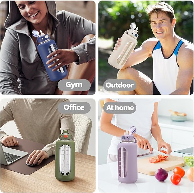 SIEROZUR 42 oz Glass Water Bottle with Straw and Handle, Large Sports Motivational Water Bottle Flask with Time Marker Leakproof Water Jug with Silicone Sleeve for Gym