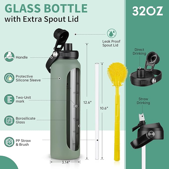 32 oz Glass Water Bottles with 2 Lids-Handle Spout Lid & Straw Lid 1 Liter Motivational Borosilicate Water Bottle with Silicone Sleeve and Time Marker,Leakproof