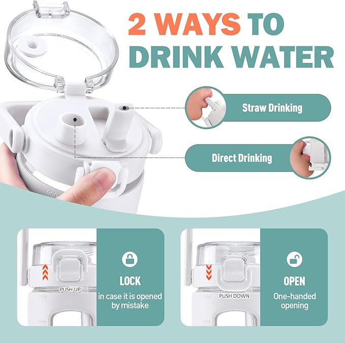 BLUEGO 32oz Glass Water Bottles with Straw Time Marker Half Gallon Large Motivational Water Bottle with Silicone Sleeve 2 Liter Large Glass Water Jug for Gym, Sports& Workout, Daily, White