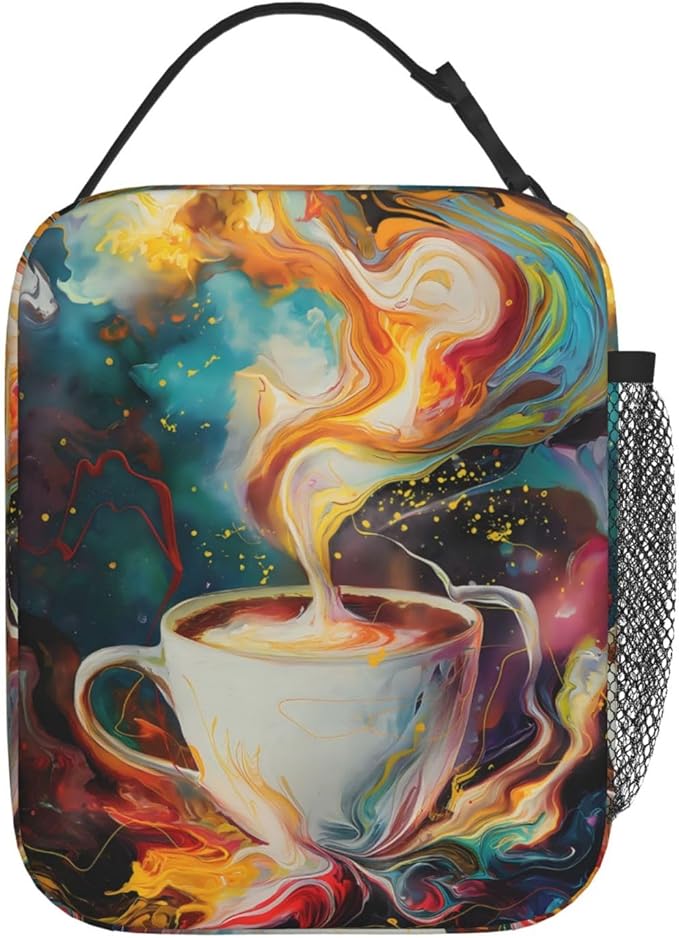 Insulated Lunch Box for Women Men, Coffee Cup Theme Lunch Box Reusable Portable Lunch Bag Cooler Tote Waterproof Lunch Container for Office Picnic Work Travel Hiking