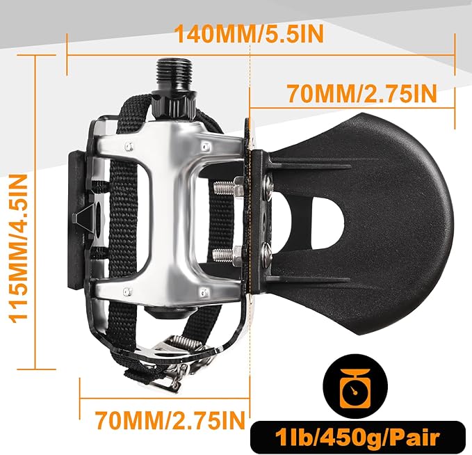 Bucklos Bike Pedals with Toe Cages and Straps - Bicycle Toe Clips Cage Compatible with Road Bike/Peloton/Mountian Bikes/MTB - Toe Clip Pedal for Wide Shoes Indoor Outdoor Cycling