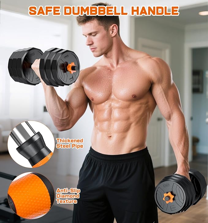 5-in-1 Adjustable Dumbbell Set, 33/44/66/88lbs Free Weights Set with Connector, Used as Kettlebells, Barbell, Push up Stand, Standard 1" Plates, Fitness Exercises for Home Gym Suitable Women/Men