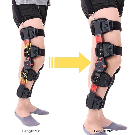 Hinged ROM Knee Brace with Shoulder Strap Post Op Knee Immobilizer Adjustable Knee Support with Side Stabilizers Medical Knee Orthopedic Support for Men and Women, Left or Right Leg (Red)